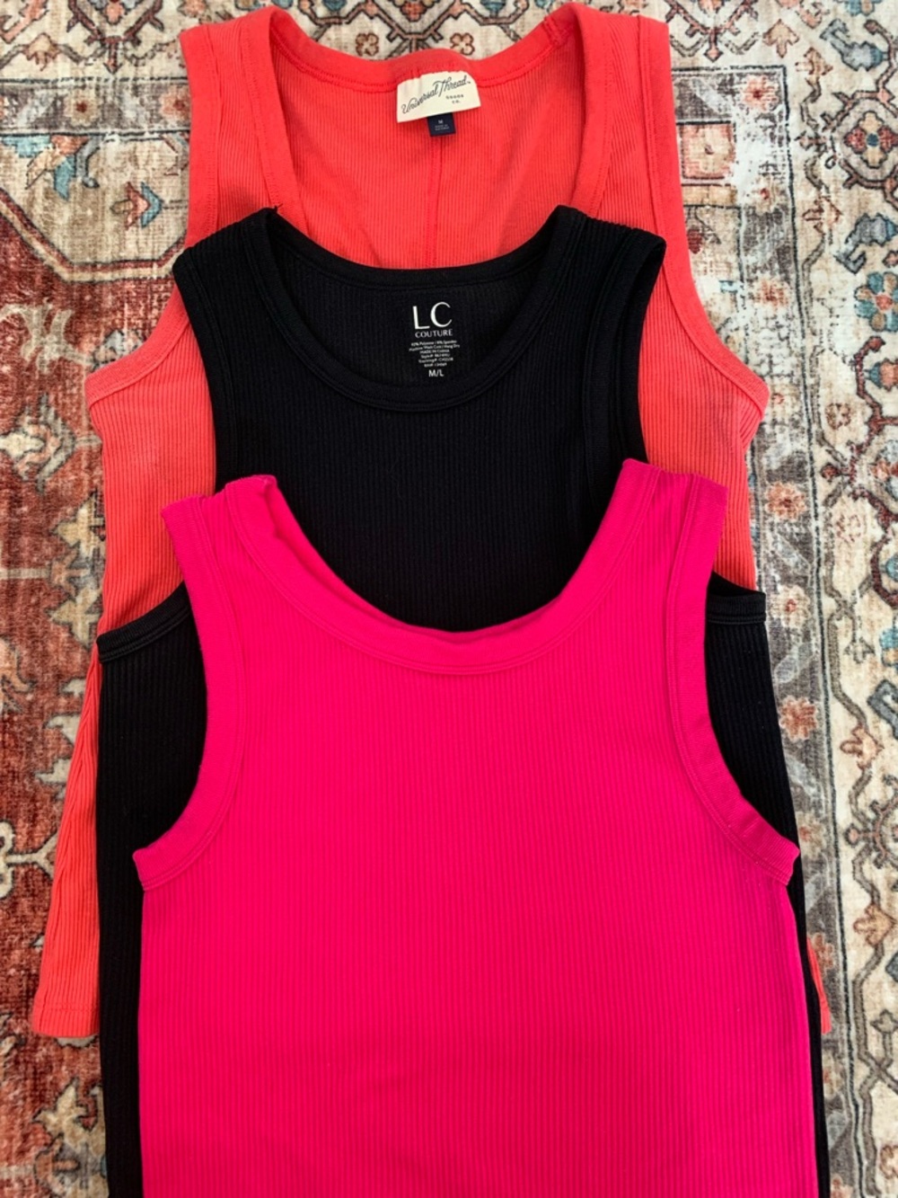 Three-fitted Ribbed Tank Tops - Pink, Black, Coral size M